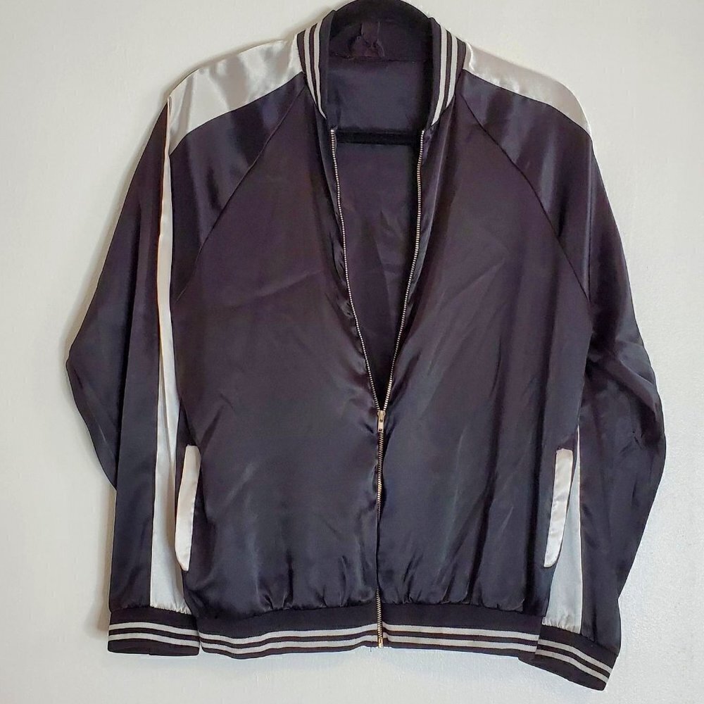 Y2K Black with White trim Varsity bomber Satin jacket Women size S
